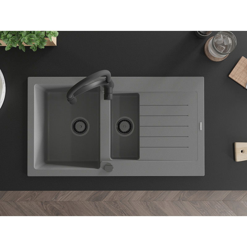 Mexen Matias fregadero de granito 1,5 compartimentos con escurridor y grifo de cocina Aster, gris - 6502-71-73450-70-B