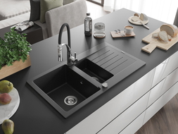 Mexen Matias Granitspüle 1,5-Becken mit Abtropffläche und Küchenarmatur Aster, schwarz/silbermetallik - 6502-73-73450-07