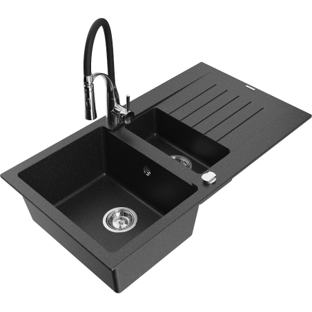 Mexen Matias granite sink 1.5-bowl with drainer and Aster kitchen tap, black/silver metallic - 6502-73-73450-07