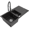 Mexen Matias granite sink 1.5-bowl with drainer and Aster kitchen tap, black/silver metallic - 6502-73-73450-07