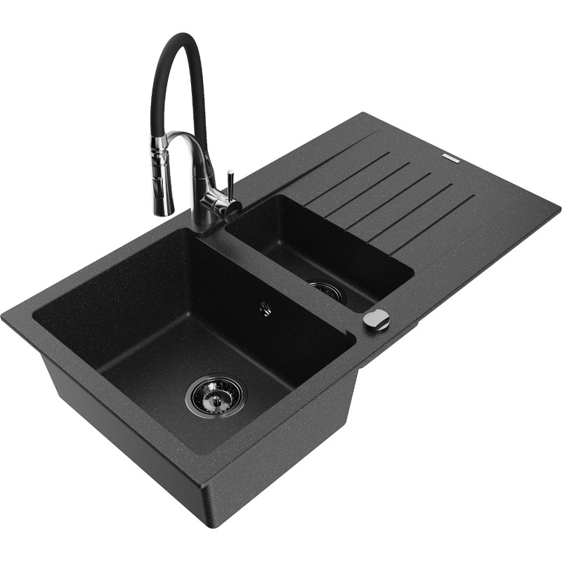 Mexen Matias fregadero de granito 1,5 cubetas con escurridor y grifo de cocina Aster, negro/plata - 6502-73-73450-07-B
