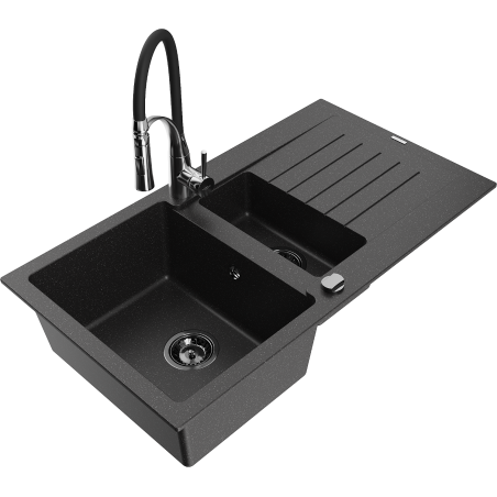 Mexen Matias granite sink 1.5-bowl with drainer and Aster kitchen faucet, black/silver - 6502-73-73450-07-B