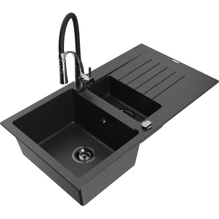 Mexen Matias granite sink 1.5-bowl with drainer and Aster kitchen tap, black/silver - 6502-73-73450-07-B