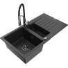 Mexen Matias fregadero de granito de 1,5 senos con escurridor y grifo de cocina Aster, negro/plata - 6502-73-73450-07-B