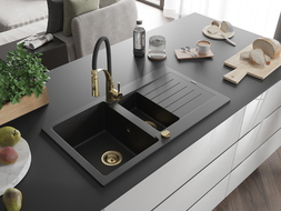 Mexen Matias Granitspüle 1,5-Becken mit Abtropffläche und Küchenarmatur Aster, schwarz/silber - 6502-73-73450-57-G