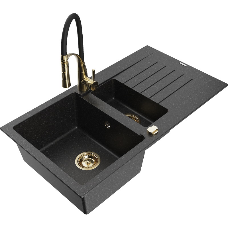 Mexen Matias granit gootsteen 1,5-komorige met afdruiprek en keukenmengkraan Aster, zwart/zilver - 6502-73-73450-57-G