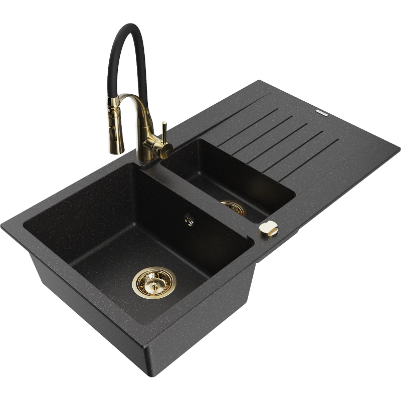Mexen Matias Granitspüle 1,5-Becken mit Abtropffläche und Küchenarmatur Aster, schwarz/silber - 6502-73-73450-57-G