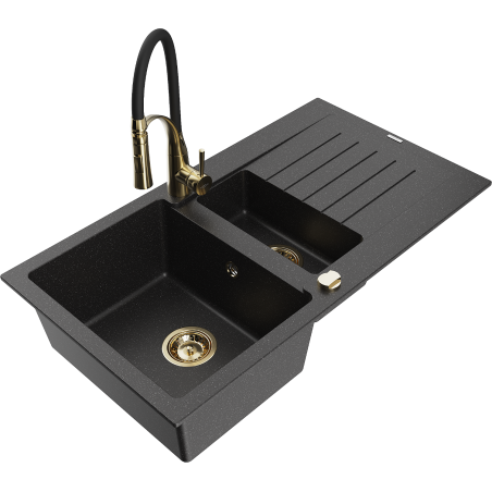 Mexen Matias Granitspüle 1,5-Becken mit Abtropffläche und Küchenarmatur Aster, schwarz/silber - 6502-73-73450-57-G