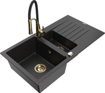 Mexen Matias Granitspüle 1,5-Becken mit Abtropffläche und Küchenarmatur Aster, schwarz/silber - 6502-73-73450-57-G