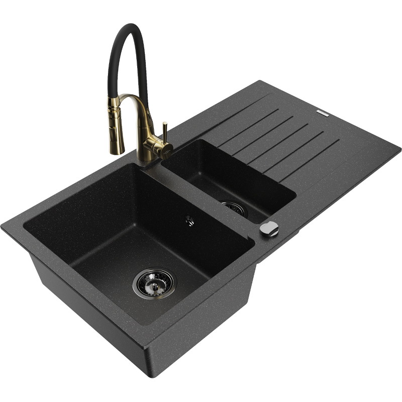 Mexen Matias Granitspüle 1,5-Becken mit Abtropffläche und Küchenarmatur Aster, schwarz/silber - 6502-73-73450-57-B