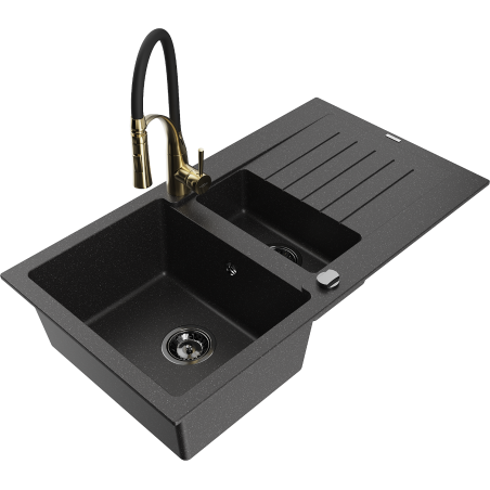 Mexen Matias fregadero de granito de 1,5 cubetas con escurridor y grifo de cocina Aster, negro/plateado - 6502-73-73450-57-B