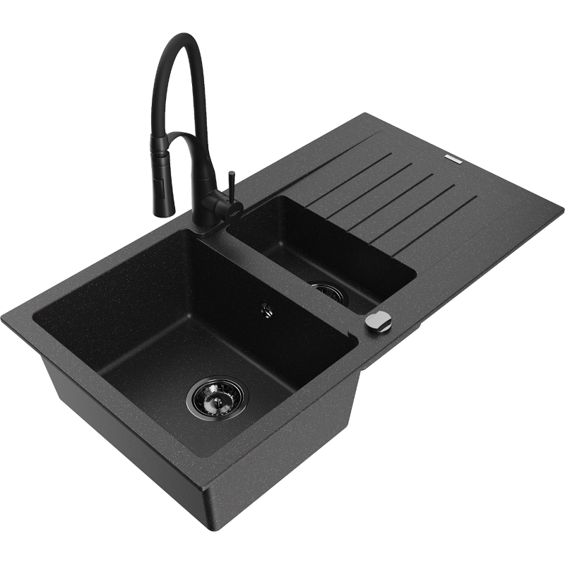 Mexen Matias fregadero de granito de 1,5 tazones con escurridor y grifo de cocina Aster, negro/plateado - 6502-73-73450-70-B