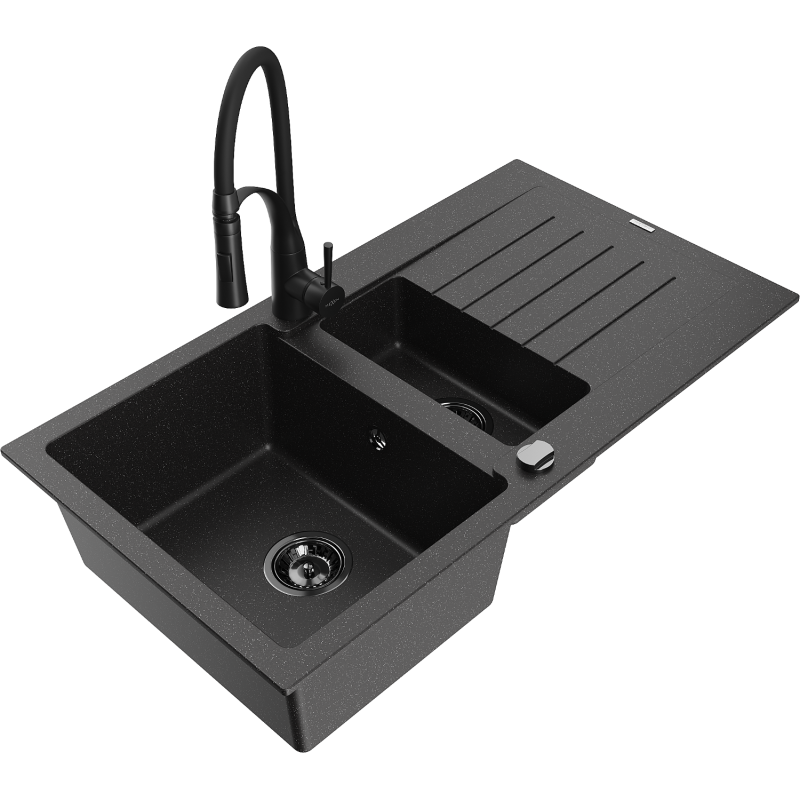 Mexen Matias granite sink 1.5-bowl with drainer and Aster kitchen tap, black/silver - 6502-73-73450-70-B