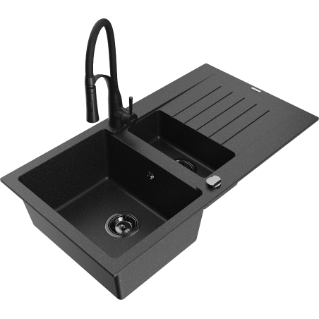 Mexen Matias fregadero de granito de 1,5 tazones con escurridor y grifo de cocina Aster, negro/plateado - 6502-73-73450-70-B