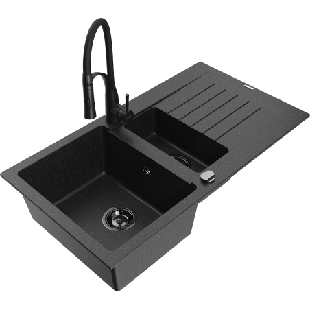 Mexen Matias granite sink 1.5-bowl with drainer and Aster kitchen tap, black/silver - 6502-73-73450-70-B
