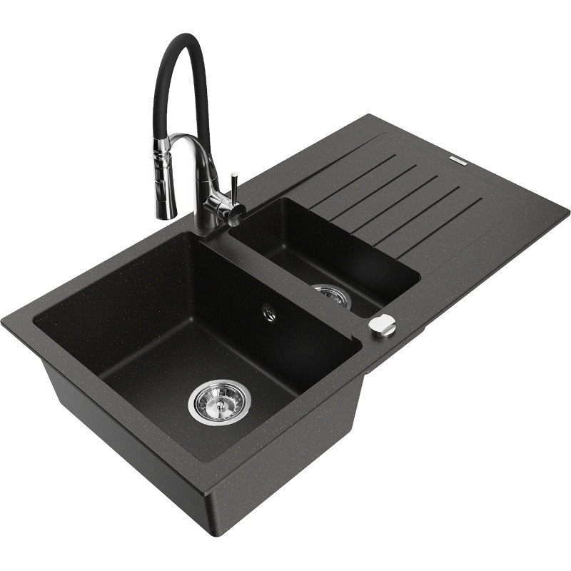Mexen Matias granieten gootsteen 1,5-combinatie met afdruiprek en keukenmengkraan Aster, zwart/goud metallic - 6502-75-73450-07