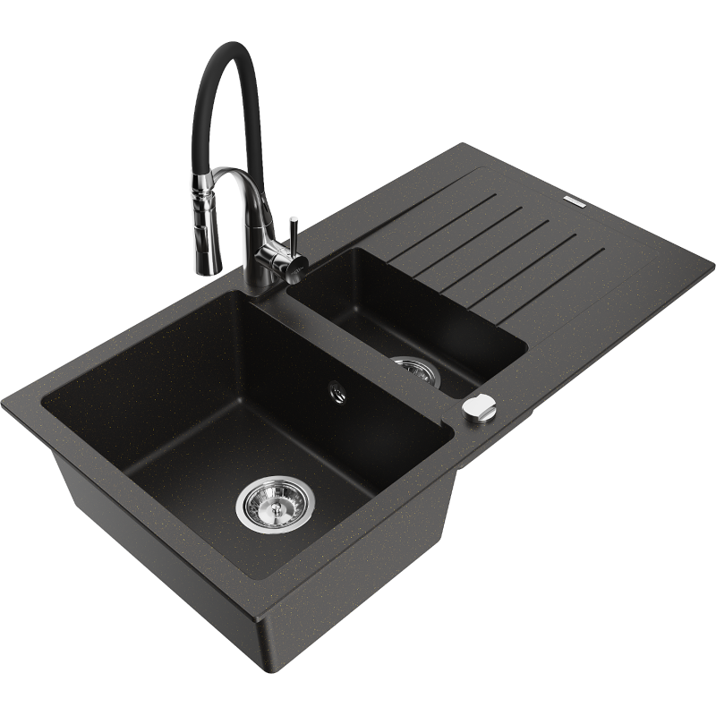 Mexen Matias lavello in granito 1,5 vasca con scolapiatti e rubinetto da cucina Aster, nero/oro metallizzato - 6502-75-73450-07