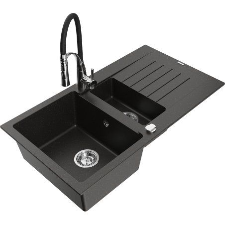 Mexen Matias granieten spoelbak 1,5-baks met afdruiprek en keukenmengkraan Aster, zwart/goud metallic - 6502-75-73450-07