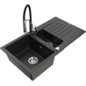 Mexen Matias 1.5-bowl granite sink with drainer and kitchen faucet Aster, black/gold metallic - 6502-75-73450-07
