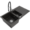Mexen Matias Granitspüle mit 1,5 Becken, Abtropffläche und Küchenarmatur Aster, schwarz/gold metallic - 6502-75-73450-07