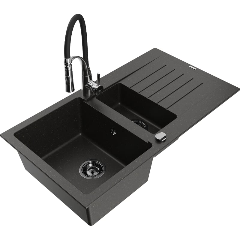Mexen Matias granit kitchen sink 1.5-bowl with drainer and Aster kitchen mixer, black/gold metallic - 6502-75-73450-07-B