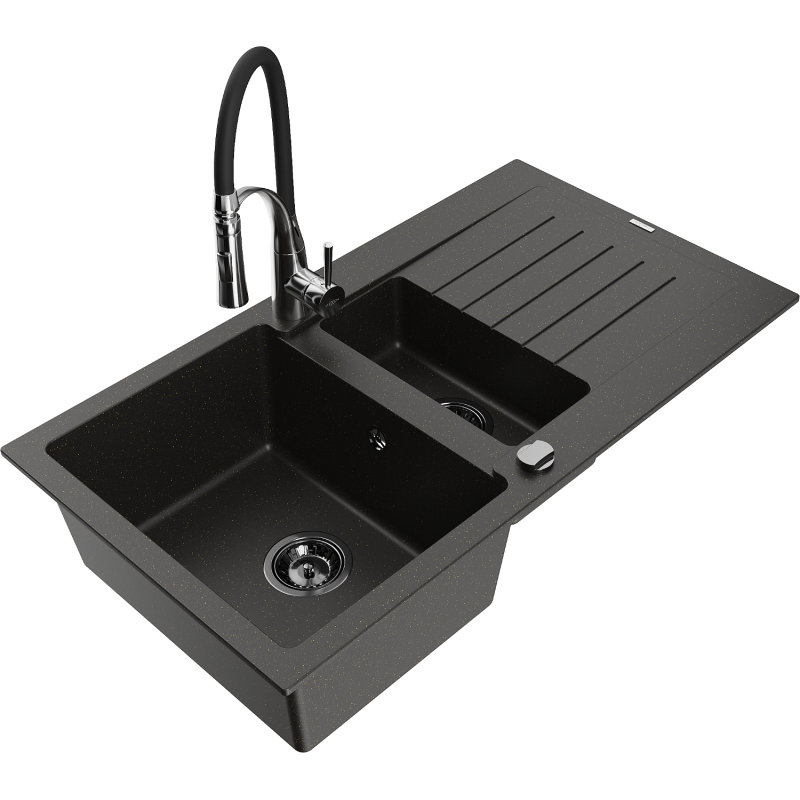 Mexen Matias granite sink 1.5 bowl with drainer and Aster kitchen tap, black/gold metallic - 6502-75-73450-07-B