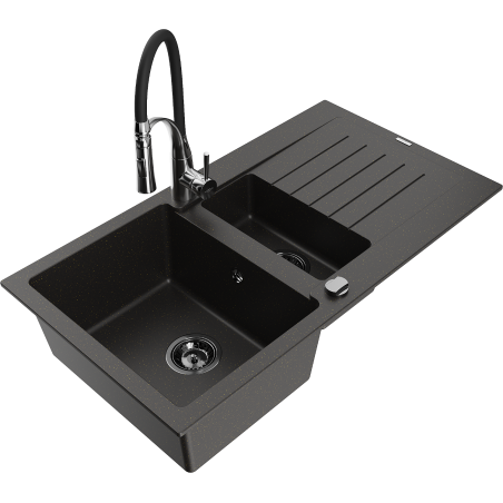 Mexen Matias granite sink 1.5 bowl with drainer and Aster kitchen tap, black/gold metallic - 6502-75-73450-07-B