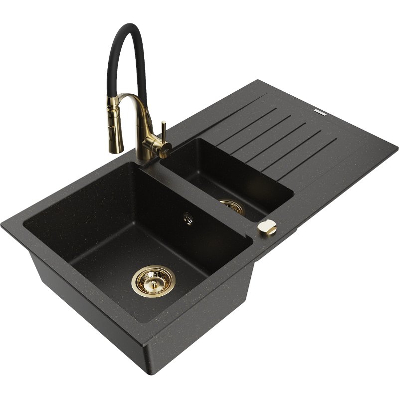 Mexen Matias granieten spoelbak 1,5-komers met afdruiprek en keukenkraan Aster, zwart/gouden metallic - 6502-75-73450-57-G