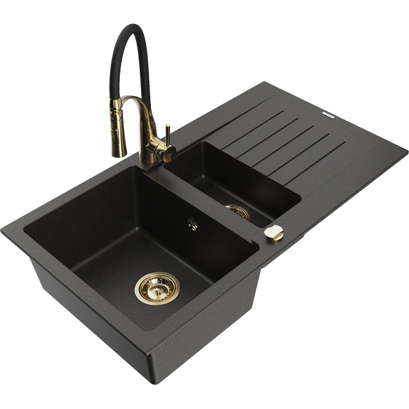 Mexen Matias granitgootsteen 1,5-komorige met afdruiprek en keukenkraan Aster, zwart/gouden metallic - 6502-75-73450-57-G
