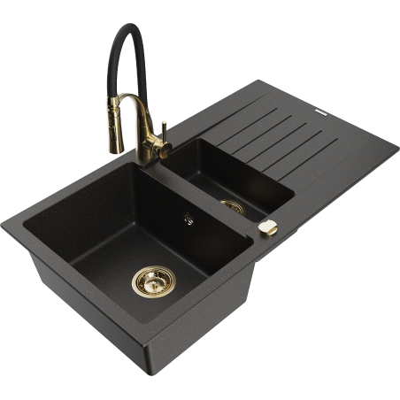 Mexen Matias granieten spoelbak 1,5-komers met afdruiprek en keukenkraan Aster, zwart/gouden metallic - 6502-75-73450-57-G