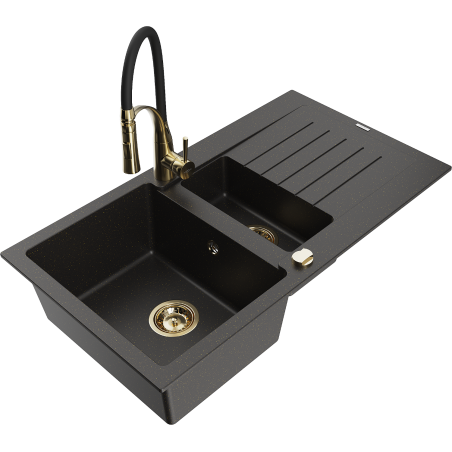 Mexen Matias granite kitchen sink 1.5-bowl with drainboard and kitchen faucet Aster, black/gold metallic - 6502-75-73450-57-G