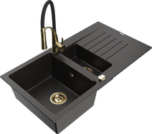 Mexen Matias Granitspüle 1,5-beckig mit Abtropffläche und Küchenarmatur Aster, schwarz/gold metallic - 6502-75-73450-57-G