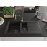 Mexen Matias zlewozmywak granitowy 1,5-komorowy z ociekaczem i baterią kuchenną Aster, czarny/złoty metalik - 6502-75-73450-57-B