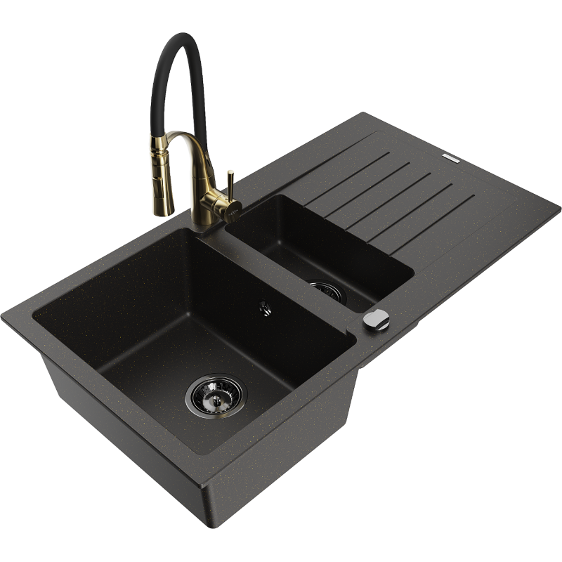 Mexen Matias fregadero de granito de 1,5 senos con escurridor y grifo de cocina Aster, negro/dorado metálico