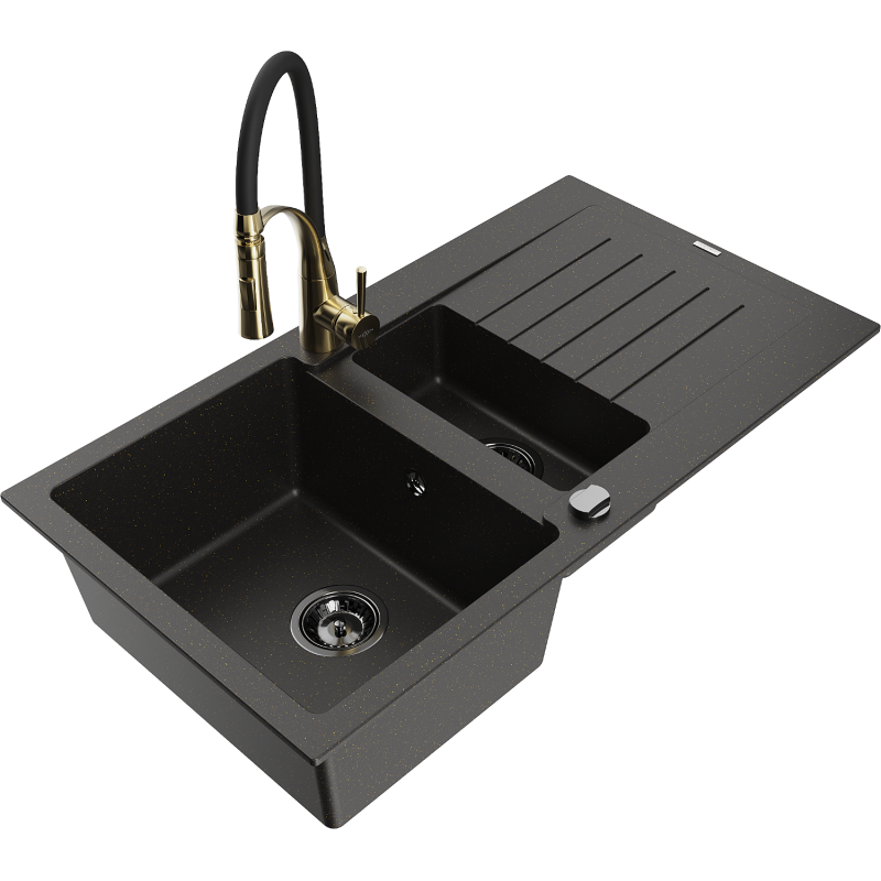 Mexen Matias granieten spoelbak 1,5-kamer met afdruiprek en keukenkraan Aster, zwart/goud metallic - 6502-75-73450-57-B