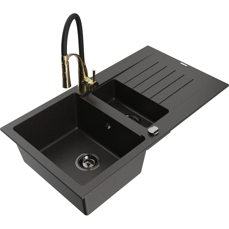 Mexen Matias Granitspüle 1,5-kammerig mit Abtropffläche und Küchenarmatur Aster, schwarz/gold metallic - 6502-75-73450-57-B