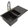 Mexen Matias granite sink 1.5-bowl with drainer and Aster kitchen tap, black/gold metallic - 6502-75-73450-57-B
