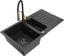 Mexen Matias granite sink 1.5-bowl with drainer and Aster kitchen tap, black/gold metallic - 6502-75-73450-57-B