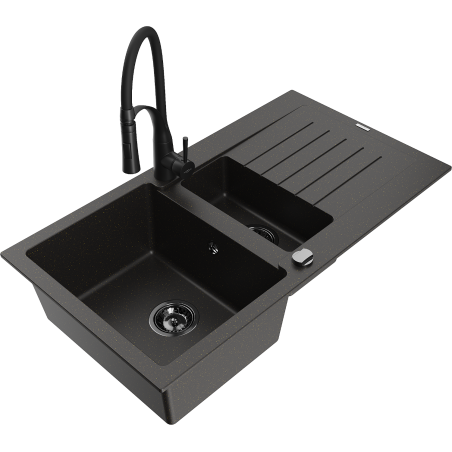 Mexen Matias fregadero de granito de 1,5 senos con escurridor y grifo de cocina Aster, negro/dorado metálico