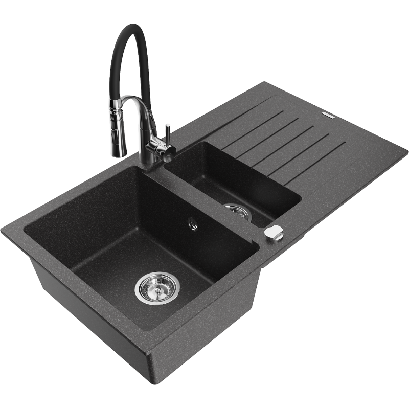 Mexen Matias granite sink 1.5-bowl with drainer and Aster kitchen tap, black speckled - 6502-76-73450-07