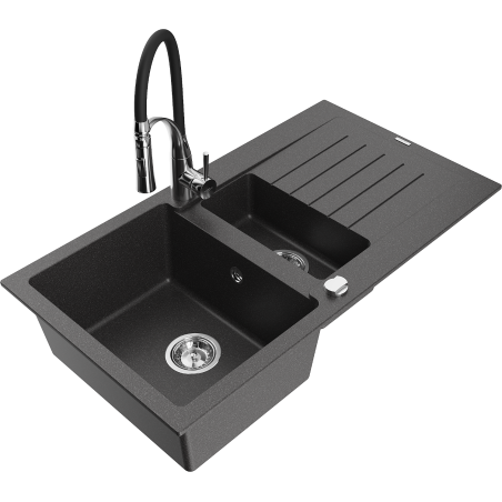 Mexen Matias granite sink 1.5-bowl with drainer and Aster kitchen tap, black speckled - 6502-76-73450-07