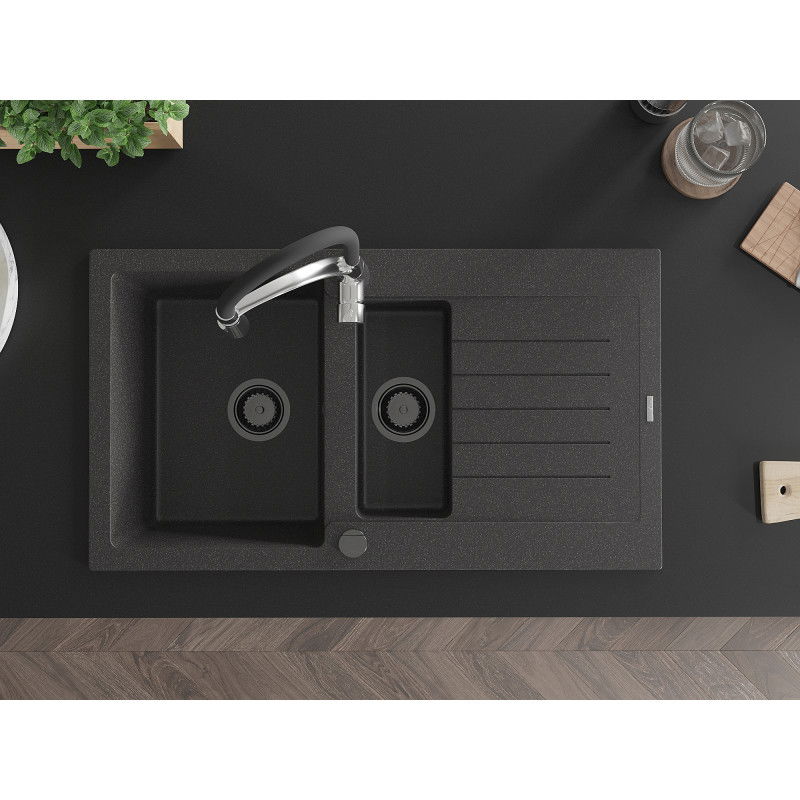 Mexen Matias fregadero de granito 1,5 senos con escurridor y grifo de cocina Aster, negro moteado - 6502-76-73450-07-B