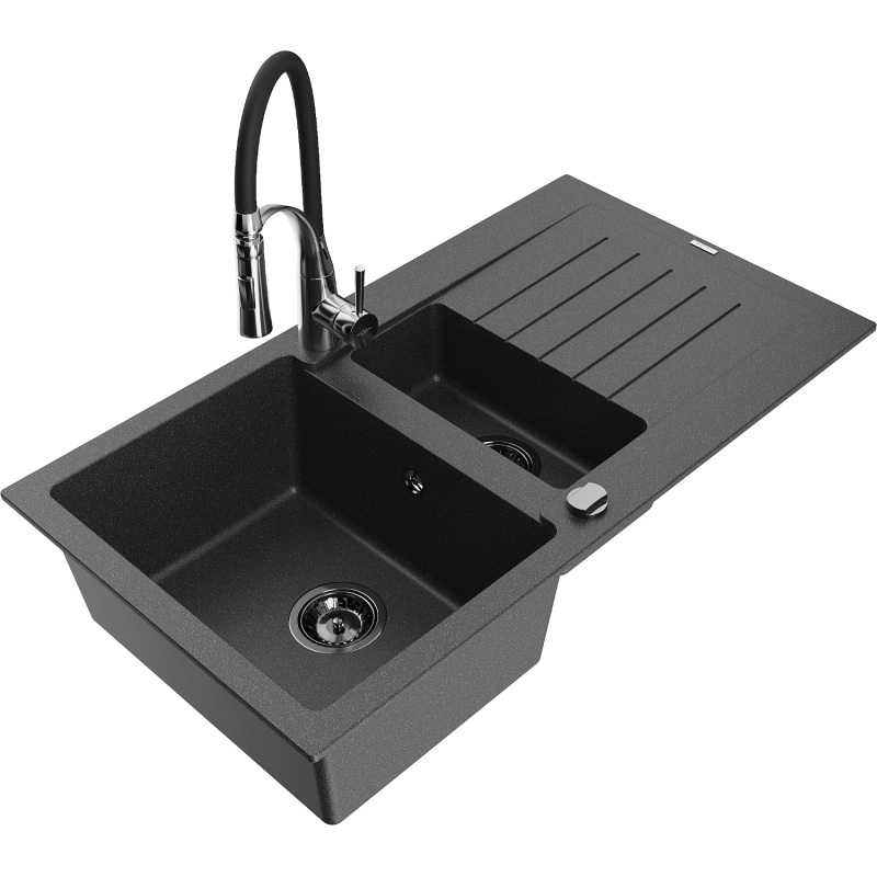 Mexen Matias 1.5-bowl granite sink with drainer and Aster kitchen tap, black speckled - 6502-76-73450-07-B