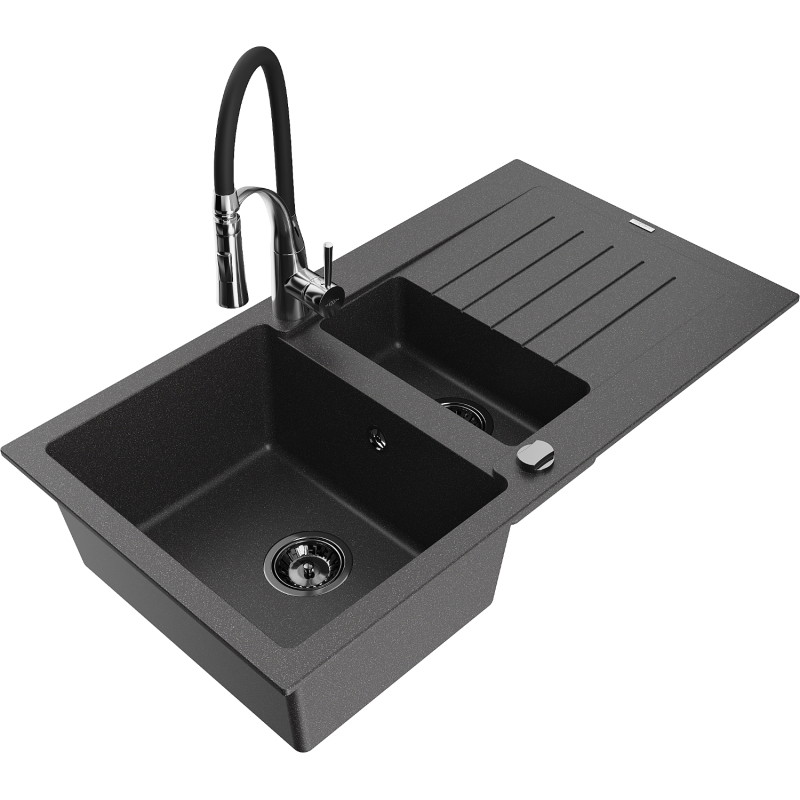 Mexen Matias fregadero de granito de 1,5 cubetas con escurridor y grifo de cocina Aster, negro salpicado - 6502-76-73450-07-B