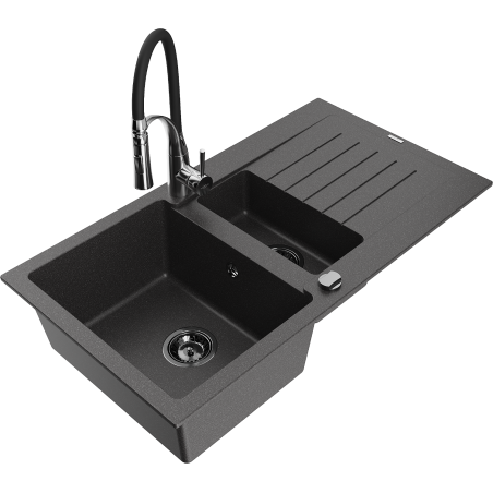 Mexen Matias 1.5-bowl granite sink with drainer and Aster kitchen tap, black speckled - 6502-76-73450-07-B