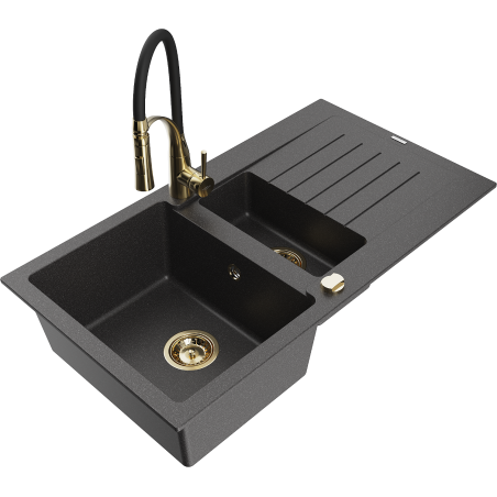 Mexen Matias granite sink 1.5-bowl with drainer and Aster kitchen tap, black speckled - 6502-76-73450-57-G
