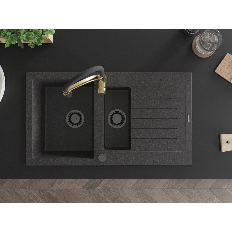 Mexen Matias granite sink 1.5-bowl with drainer and Aster kitchen tap, black speckled - 6502-76-73450-57-B