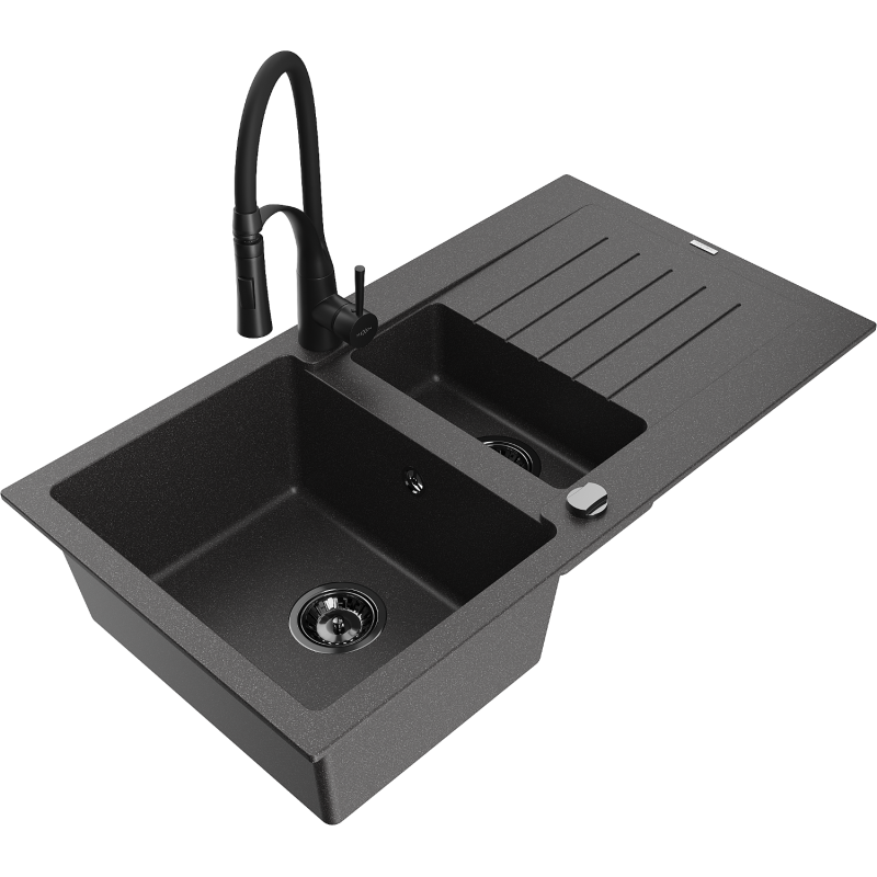 Mexen Matias fregadero de granito 1,5 senos con escurridor y grifo de cocina Aster, negro moteado - 6502-76-73450-70-B