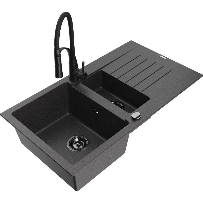 Mexen Matias fregadero de granito de 1,5 senos con escurridor y grifo de cocina Aster, negro moteado - 6502-76-73450-70-B