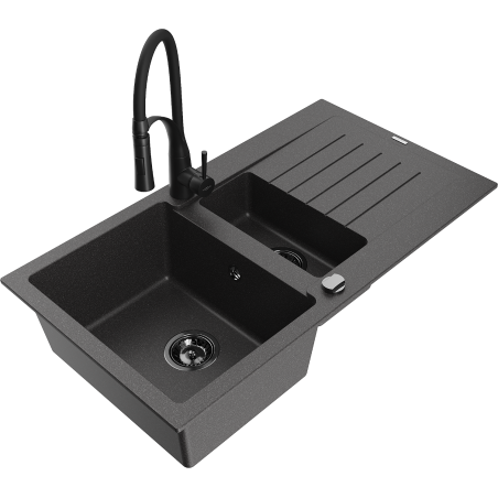Mexen Matias fregadero de granito 1,5 senos con escurridor y grifo de cocina Aster, negro moteado - 6502-76-73450-70-B